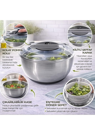Paslanmaz Çelik Salata Kurutucu Salad Spinner Kapaklı Süzgeç Sepetli, Kaymaz Taban, Hızlı K Kahverengi