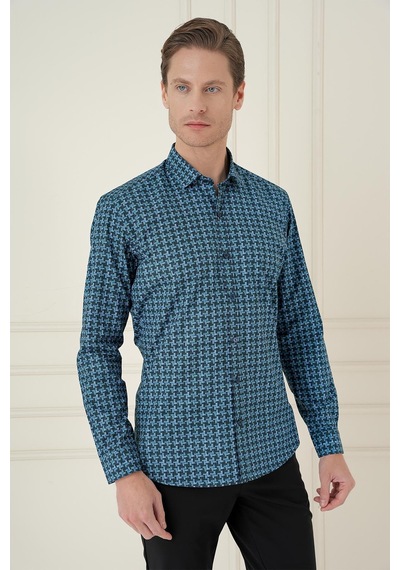 Efor Slim Fit Kazayağı Desenli %100 Pamuk Casual Mavi Gömlek G 1585 Mavi