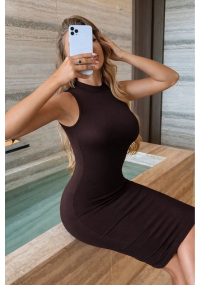 Butik İstanbul Kadın Kolsuz Balıkçı Yaka Kısa Dalgıç Elbise Kahve