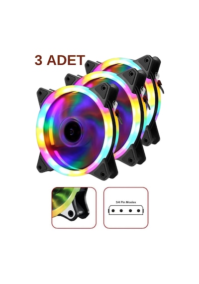 Molex Girişli 3lü Sessiz Renkli Fan 12cm Rainbow Kasa Fanı Rgb