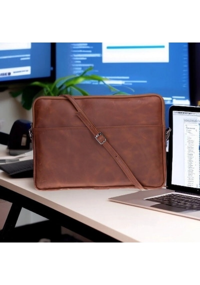 Leeds 14 İnç Macbook Ve Pc Uyumlu, Hakiki Deri, El Yapımı Kılıf, Karamel