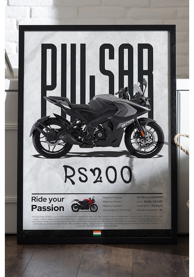 Bajaj Rs200 Siyah Ahşap Çerçeveli Poster, Dekoratif Motosiklet Duvar Tablosu