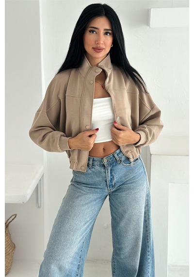 Femelle Kadın Taba Fermuarlı Düğmeli Modal Kumaş Premium Crop Ceket