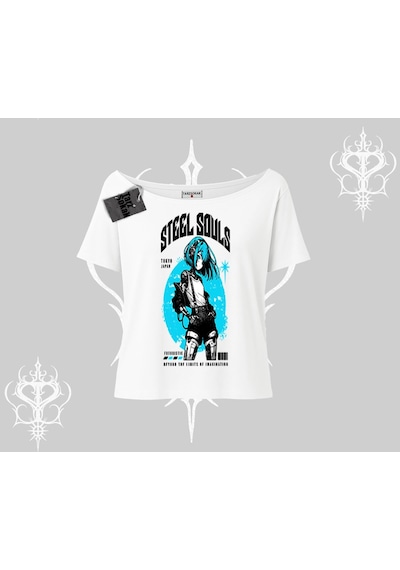 Startmore Startmore Kayık Yaka Tshirt Anime Cyberpunk Kız Baskılı Beyaz