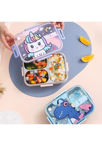 Bento 750ml Lunchbox Sevimli Dostlar Tek Katlı 3 Bölmeli Paslanmaz Çelik Sefer Tası Yemek Kutusu Pembe Unicorn Çok Renkli