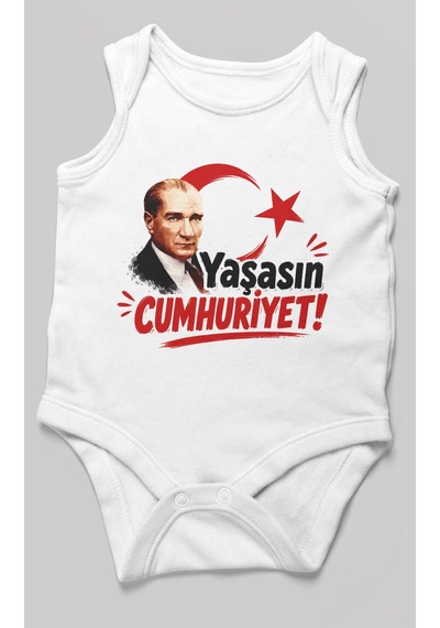 Morivokids Yaşasın Cumhuriyet Sıfır Kol Bebek Body %100 Pamuk Beyaz