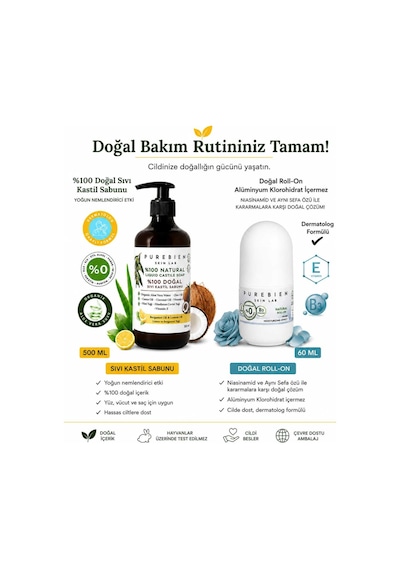2 Li Set %100 Doğal Kastil Sıvı Sabun - Bergamot & Limon Kokulu Ve Doğal Roll On Deodorant Erkek Beyazlatıcı Etki, Ter Kokusu Önleyici, Alkolsüz, Vegan, Leke Bırakmaz