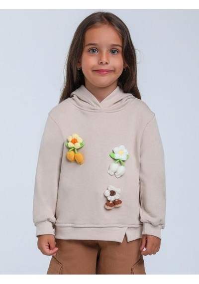 Kız Çocuk Çiçek Örgü Detaylı Kapüşonlu Sweatshirt-14306 Bej