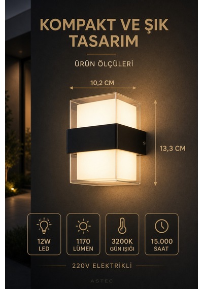Astec Elektrikli Elit 12w Kare Led Duvar Aplik Suya Toza Dayanıklı 3200k Gün Işığı İç Dış Mekan Balkon Bahçe