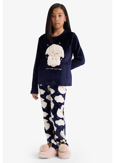 Defacto Pijama Takımı Pelüş Baskılı Uzun Kollu Üst Desenli Uzun Alt Kız Çocuk D1083A824WN Lacivert