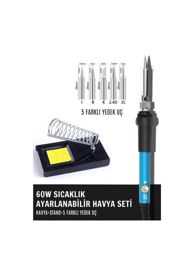 ST-60 Model Profesyonel 60W Isı Ayarlı Havya + Stand + 5 Kaliteli Yedek Uç