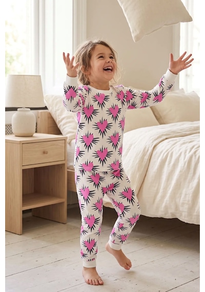 Zuzunga Kız Çocuk Pembe Kalp Desenli Uzun Kollu Pijama Takımı Beyaz-pembe