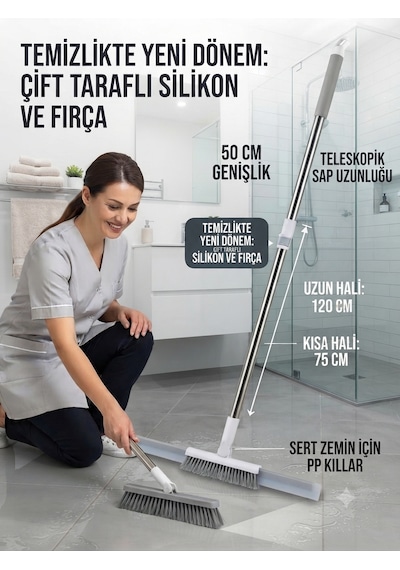 Teleskopik Saplı Çekçek Kendinden Fırçalı 2 İn 1 Sert Zemin İçin Pp Kıllar Katlanabilir 180 Derece Açı Ergonomik Sap Şık Tasarım