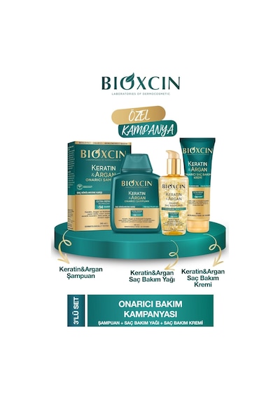 Keratin & Argan Onarıcı Şampuan 300ml + Keratin Argan Saç Bakım Yağı + Saç Kremi