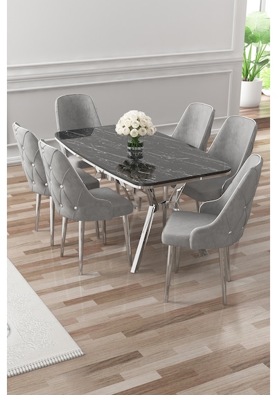 Canisa Asel Serisi 90x160 Lak Panel Siyah Mermer Desen Krom Detay Masa Takımı Ve 6 Gri Sandalye Siyah Mermer Masa Sandalye Gri Krom Detay Canisa Asel Serisi 90x160 Lak Panel Siyah Mermer Desen Krom Detay Masa Takımı Ve 6 Gri Sandalye Siyah Mermer Masa Sandalye Gri Krom Detay