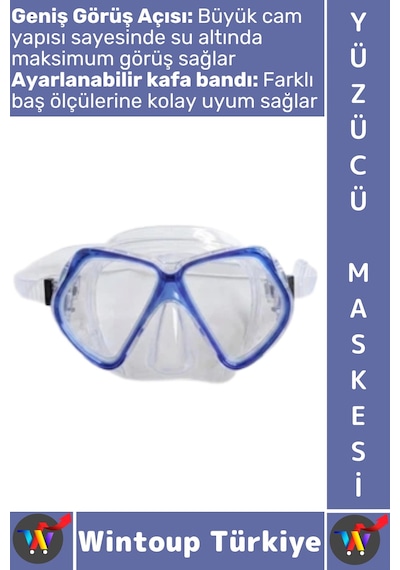 Gözlük Konforlu Sızdırmaz Buğu Önleyici Temperli Cam Ayarlanabilir Deniz Dalış Yüzücü Maskesi Mavi Çok Renkli