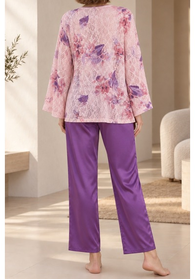 Loule Kadın Mor-pembe Çiçekli Kimonolu Saten Pijama Takımı Mor - Pembe