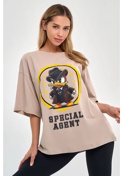Uyguntarz Unisex Special Agent Baskılı Oversize Tshirt Bej