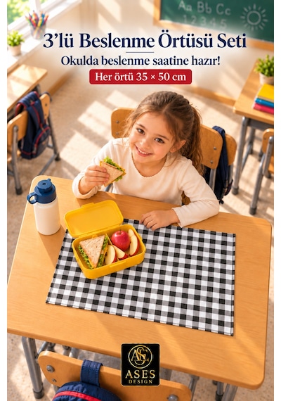 3 Lü Set Yıkanabilir Beslenme Örtüsü 35x50 Cm Siyah Beyaz Kareli - Anaokulu Ve İlkokul