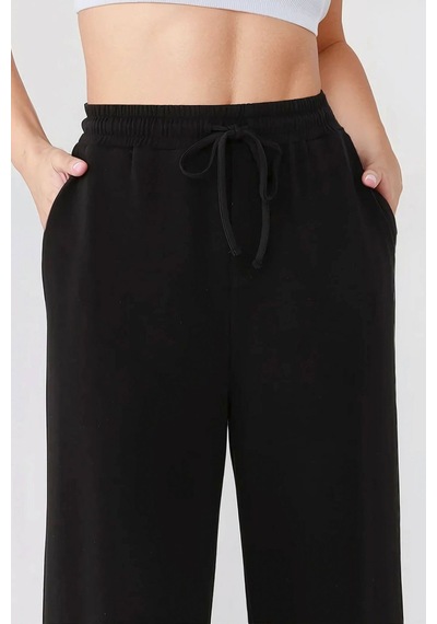 Hiccup Wide Leg Beli Lastikli Örme Eşofman Altı Siyah
