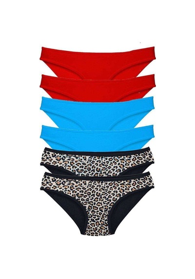6 Adet Likralı Kadın Slip Külot Leopar Kırmızı Mavi Diğer