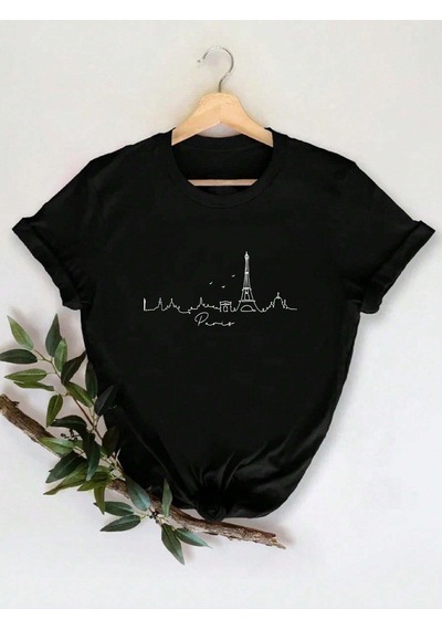 Flood Of Style Kadın Siyah Çizgi Paris Baskılı Oversize