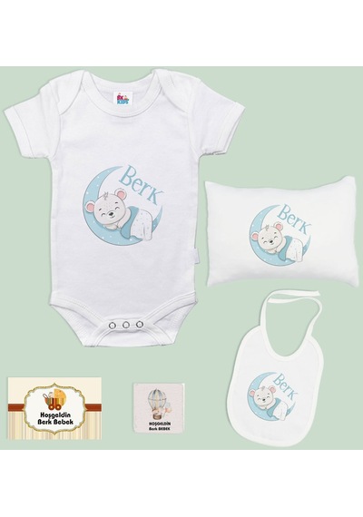 Bk Kids Kişiye Özel İsimli 5 Parça Beyaz Bebek Body Zıbın Yastık Hediye Seti, Yeni Doğan Bebek Giyim Hediyesi-6