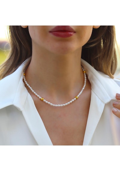 Yuvarlak Gold Kaplama Gümüş İnci Kolye Gümüş