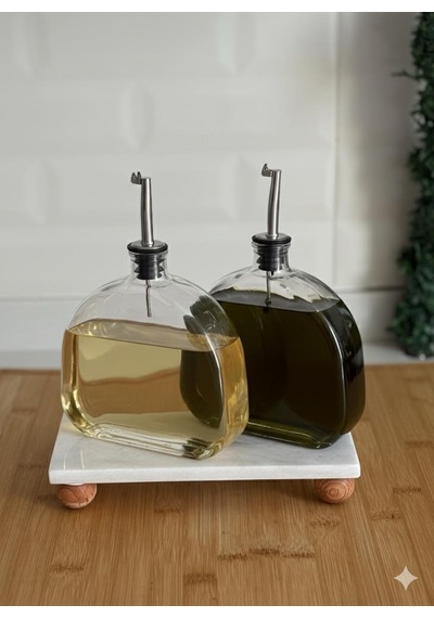 Qerhome 2'li Mermer Stantlı Gümüş Başlıklı Yağlık&sosluk Seti 500 Ml Marbella Beyaz