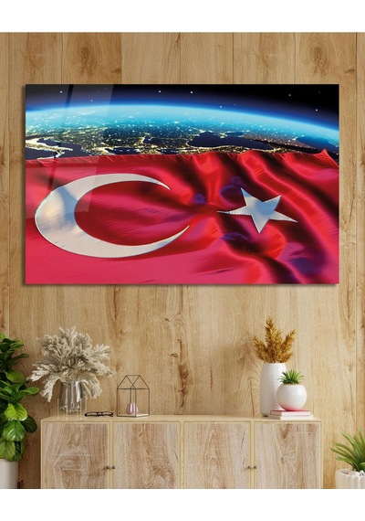 Soyut Türk Bayrağı Cam Tablo Modern Ofis Makam Odası Hediyelik Büyük Tablo Duvar Dekoru