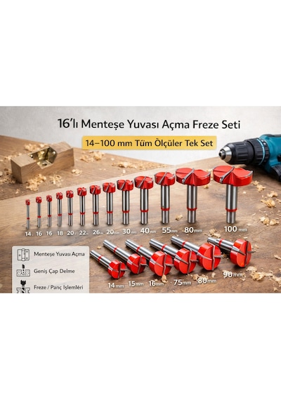 Senbang Menteşe Yuvası Açma Freze Matkap Ucu Seti 16 Lı 14 100 Mm Ahşap Panç Set