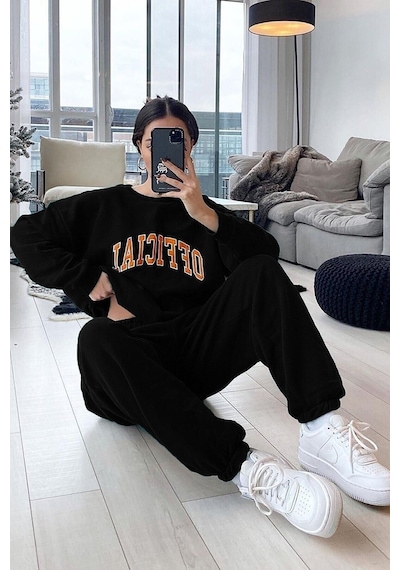 Official Eşofman Takımı Sweatshirt Jogger - Siyah Baskılı Oversize Şardonlu Bisiklet Yaka Siyah Official Eşofman Takımı Sweatshirt Jogger - Siyah Baskılı Oversize Şardonlu Bisiklet Yaka Siyah