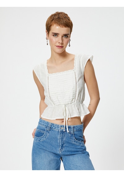 Koton Crop Kolsuz Bluz İşlemeli Bağlama Detaylı Pamuklu Beyaz 4sal60114ıw Beyaz