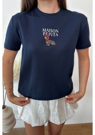 Giysa Kadın Bisiklet Yaka Maison Köpek Baskılı T-shirt Lacivert - 26y 4444