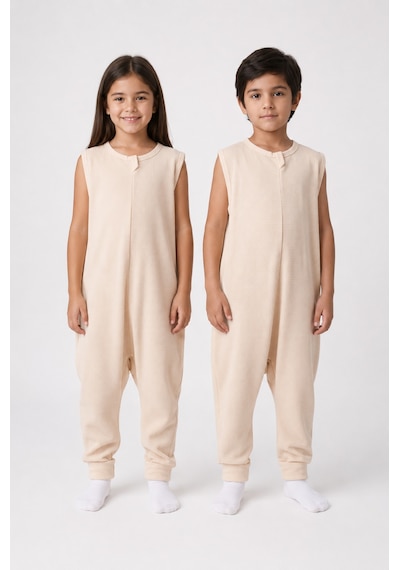 Babyhola 1 Tog Yazlık Çocuk Uyku Tulumu 1-8 Yaş Unisex Kısa Kollu %100 Pamuk Waffle 2702 Bej