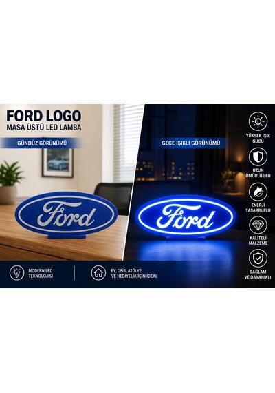 Ford Masa Lambası , Ford Logolu Led Işıklı Masa Lambası , Ford Gündüz Gece Masa Lambası Siyah