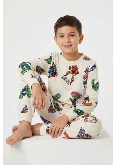 Zuzunga Süper Kahramanlar Desenli  Pamuk Beyaz Erkek Çocuk Pijama Takımı