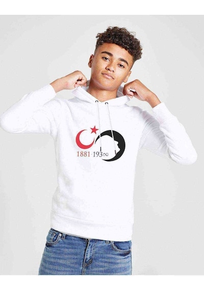 Tshirthane 10 Kasım Silüet Turk Bayrağı Baskılı Unisex Çocuk Kapüşonlu Sweat (534655503) Beyaz