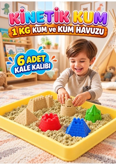 Kale Temalı Kinetik Kum 1000 Gr 6 Adet 3d Kalıplı Ve Kum Havuzlu Yapışmaz Kurumaz Oyuncak Kum Seti