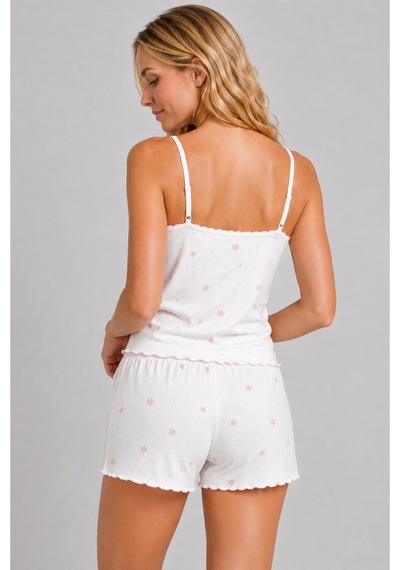 Pijamask Kadın Yıldız Desenli İnce Askılı Şortlu Yazlık Pijama Takımı Beyaz/pembe Beyaz