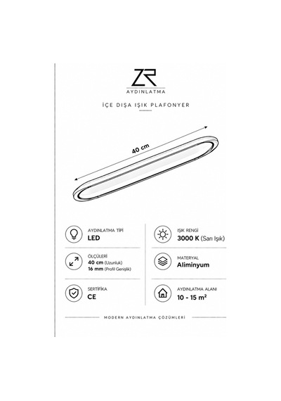 Beyaz 40x16cm Oval Avize 4000k Gün Işığı Led Tavan Lambası