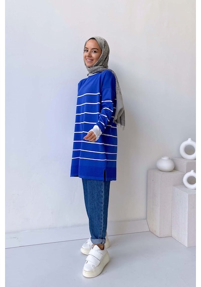 Kahijab Bisiklet Yaka Çizgili Merserize Tunik - İndigo
