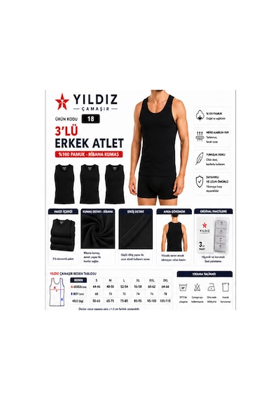 Yıldız Çamaşır Erkek Ribana Askılı Atlet 04-18-21 - 3 Adet Siyah