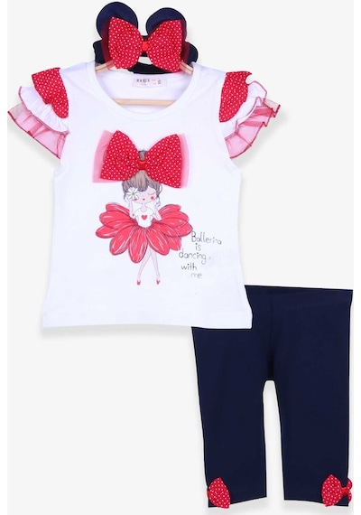 Breeze Kız Bebek Tayt Takım Balerin Baskılı Bandanalı Beyaz (6 Ay-2 Yaş)