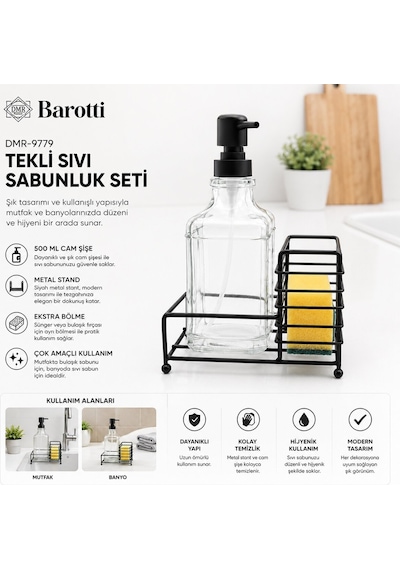 Barotti Dmr-9779 Sıvı Sabunluk Seti 500ml Cam Şişe Siyah Pompa Siyah Metal Stand Diğer