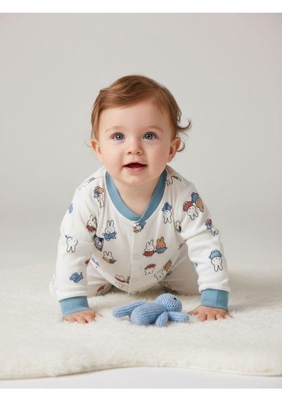 Zekids Erkek Bebek Pamuklu Tavşan Desenli Çıtçıtlı Pijama Takımı-16849 Çok Renkli