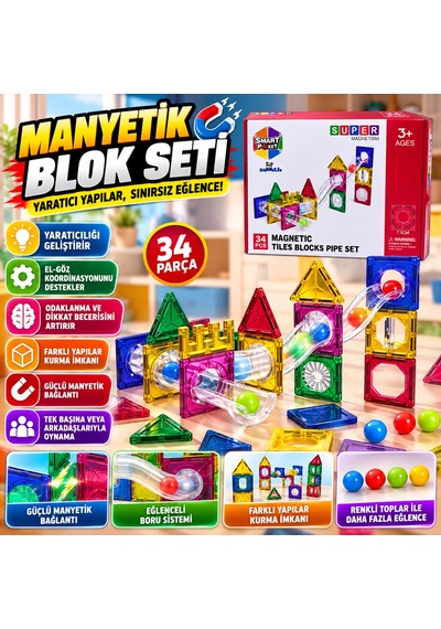 34 Parça Manyetik Blok Seti Borulu Manyetik Yapı Oyuncağı Eğitici Ve Yaratıcı Yapım Seti