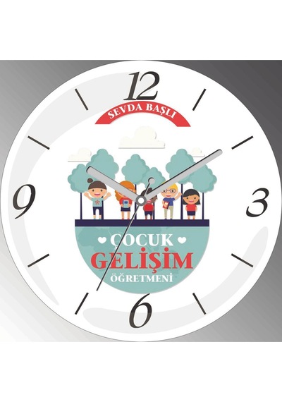 Kişiye Özel Çocuk Gelişim Öğretmeni Çap 30cm Sessiz Akar Bombeli Gerçek Cam Duvar Saati Siyah
