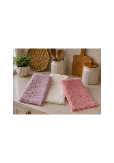 3'lü Jakarlı Püsküllü Mutfak Havlusu Seti 30x50 Cm %100 Pamuk - Rosewoodlace Çok Renkli