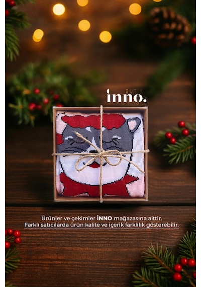 Inno Yılbaşı Desenli Noel Babalı Hediyelik Kraft Kutulu Çorap Tekli Pembe